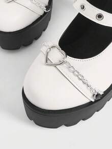 Sugerpunk 暗黑摇滚朋克哥特风单扣金属厚跟乐福鞋，低鞋面正式工作鞋，日式玛丽珍小号皮鞋，女士高跟鞋 - 白色雙帶愛心 - 查看 4
