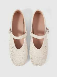 Sleekvia Women's Wanita Vintage Beludru Perancis Temperam Lembut Elegan Berlian Air Sepatu Mary Jane Wanita Satu Kata Button Sepatu Sole Flat - Off-white - View 2