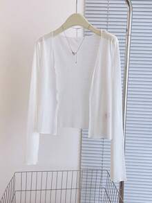 SHEIN PETITE Women's Cropped Sheer Ribbed Knit Cardigan – Long Sleeve Open Front Lightweight Bolero Shrug For Summer Layering - White - View 3