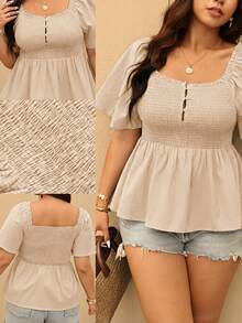 Elaquor Plus Size Women's Vacation Solid Color Square Neck Button Up Pleated Ruffle Hem Blouse - Apricot - View 1