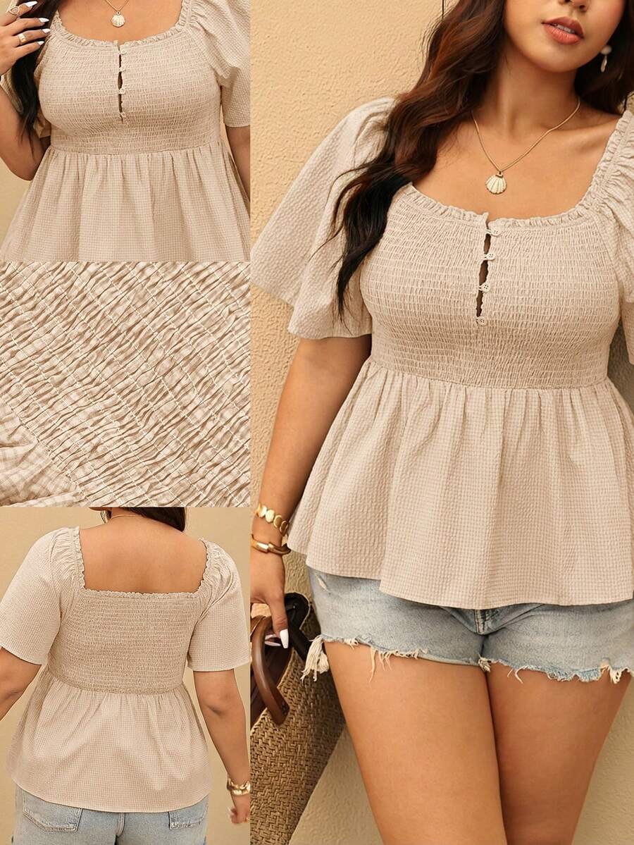 Elaquor Plus Size Women's Vacation Solid Color Square Neck Button Up Pleated Ruffle Hem Blouse - Apricot - View 1