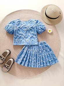 2件套女童休闲优雅白色提花珍珠纽扣开衫和百褶裙套装，适合派对和假日场合，夏季 - 藍色 - 查看 2