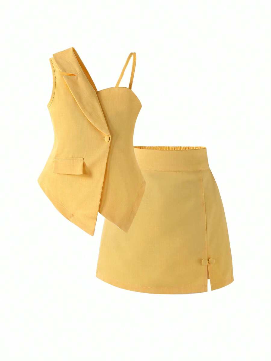 SHEIN Elladie kids 女童(小号)时尚不对称设计套装两件套,优雅卡其色裙装,尽显成熟优雅 - 黃色 - 查看 1