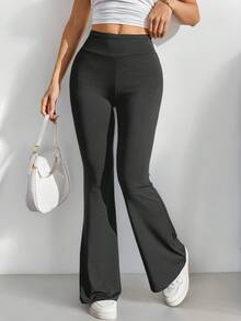 SHEIN PETITE Pantalones acampanados de cintura alta con envolvente de unicolor - Gris Oscuro - Ver 8