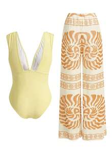 Swim Oasis Traje de baño de una pieza con textura espiral vintage para mujer, elegante y grácil para vacaciones - amarillo ganso - Ver 2
