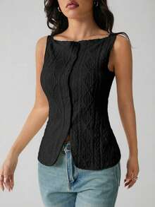 SHEIN PETITE Camisa casual sin mangas de mujer con textura geométrica y abotonadura sencilla, con tela con textura geométrica y microfibra elástica, camisa ajustada de mujer, elegante y de moda para ir al trabajo, top casual de moda simple para todos los días, primavera/verano, top sin mangas, blusas de estilo antiguo, ropa occidental para mujer - Negro - Ver 5