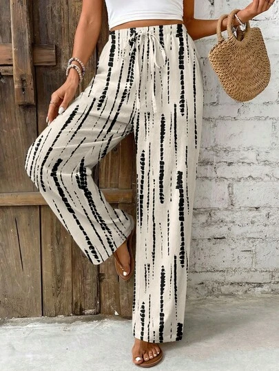 SHEIN Frenchy Quần ống đứng nữ kiểu dáng thường ngày thắt eo, họa tiết nhuộm tie-dye màu be - Phong cách thanh lịch cho kỳ nghỉ xuân/hè, hoàn hảo cho bãi biển, du thuyền, lễ hội âm nhạc Boho, lễ hội miền Tây, phong cách vintage đảo nhiệt đới.