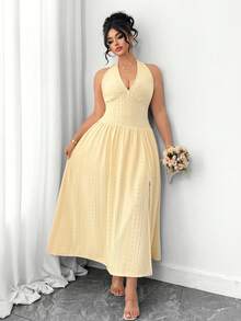 Elenzga Đầm dệt kim thanh lịch cỡ lớn dành cho nữ dự tiệc cocktail cưới - Màu vàng - Xem 3