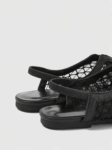 Ladies Exquisite Hollow Mesh Exposed Heel Flat Women's Shoes, Fashionable And Comfortable Square Toe Elegant Flat Shoes - Black - View 4