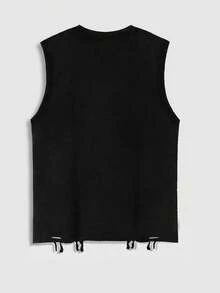 ROMWE MEN Street Life 2000s Style Casual Palm Print Sleeveless Crew Neck Top With Tassel Hem, Summer - Black - View 2