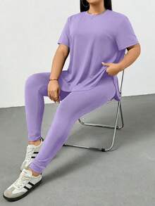 SHEIN Essnce 大码女装春夏时尚休闲运动舒适百搭显瘦日常黑色短袖T恤和打底裤两件套，裤装套装，街头风，机场穿搭，夏季女装，外出穿搭，Y2K风格，极简风，女士教堂着装 - 淡紫色 - 查看 4