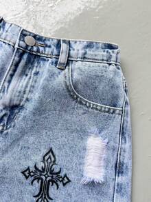 SHEIN Tween Boy Light Blue Denim 2 Pieces Set,Summer Casual Back-To-School Clothes,Cross Pattern Sleeveless Jacket And Loose Shorts,School Streetwear Outfit - Blue - View 5