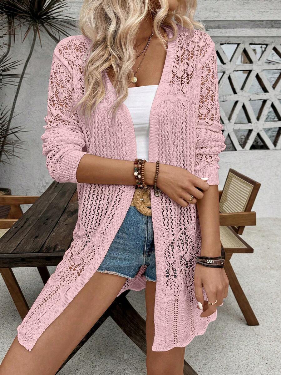 SHEIN LUNE 女士纯色镂空休闲百搭开衫，适合日常穿着 - 淺粉色 - 查看 1