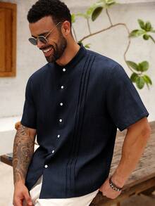 Manfinity Homme Camisa casual de manga corta de un solo pecho con pliegues de unicolor para hombres de talla grande - Azul Marino - View 5