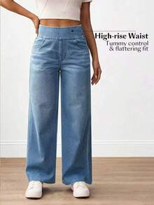 Flexra Plus Size Women Casual Commuter Versatile High Waist Comfortable Belted Slant Pocket Straight Leg Jeans - Blue - View 3