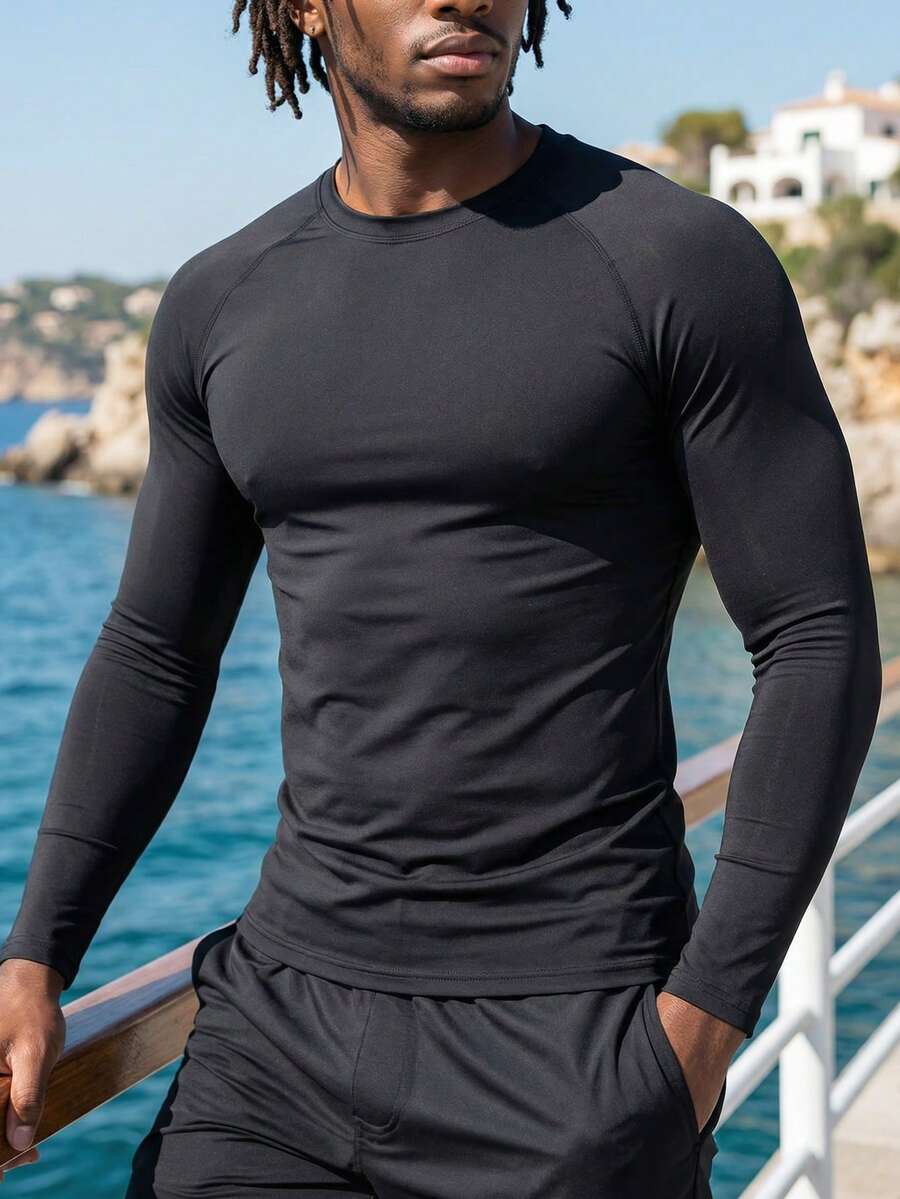 AXEPEAK 1pc Men's Raglan Sleeve Sports Beach Cover-Up, Sunscreen - Black - View 1