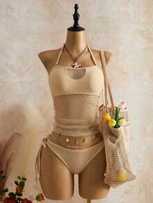 Bellisia Bộ đồ bơi tankini cổ yếm màu trơn thiết kế khoét rỗng dành cho nữ, thích hợp cho kỳ nghỉ biển. - Màu be - Xem 4