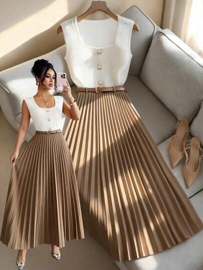 GlowEve Women's Square Neck Sleeveless White Top And Brown Pleated Skirt Elegant 2-Piece Set