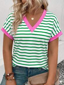 EMERY ROSE Women's Spring/Summer New Arrival Striped & Printed Color Block Design Casual Versatile Plus Size T-Shirt - Multicolor - View 1