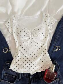 Airaco 白色波点蕾丝V领短袖T恤女款，褶皱腰部荷叶边下摆露脐甜辣风上衣 - 白色 - 查看 1