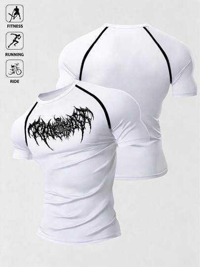 Acti Log Men's Summer Graphic Print Contrast Piping Raglan Short Sleeve Compression Sports T-Shirt, Suitable For Fitness, Running, Cycling