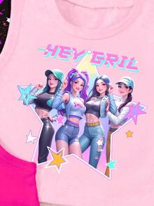 3件套女童春夏休闲时尚创意个性清新简约虚拟少女团体彩色五角星图案字母标语印花背心4件套，舒适日常夏季款式，适合女孩 - 彩色 - 查看 5