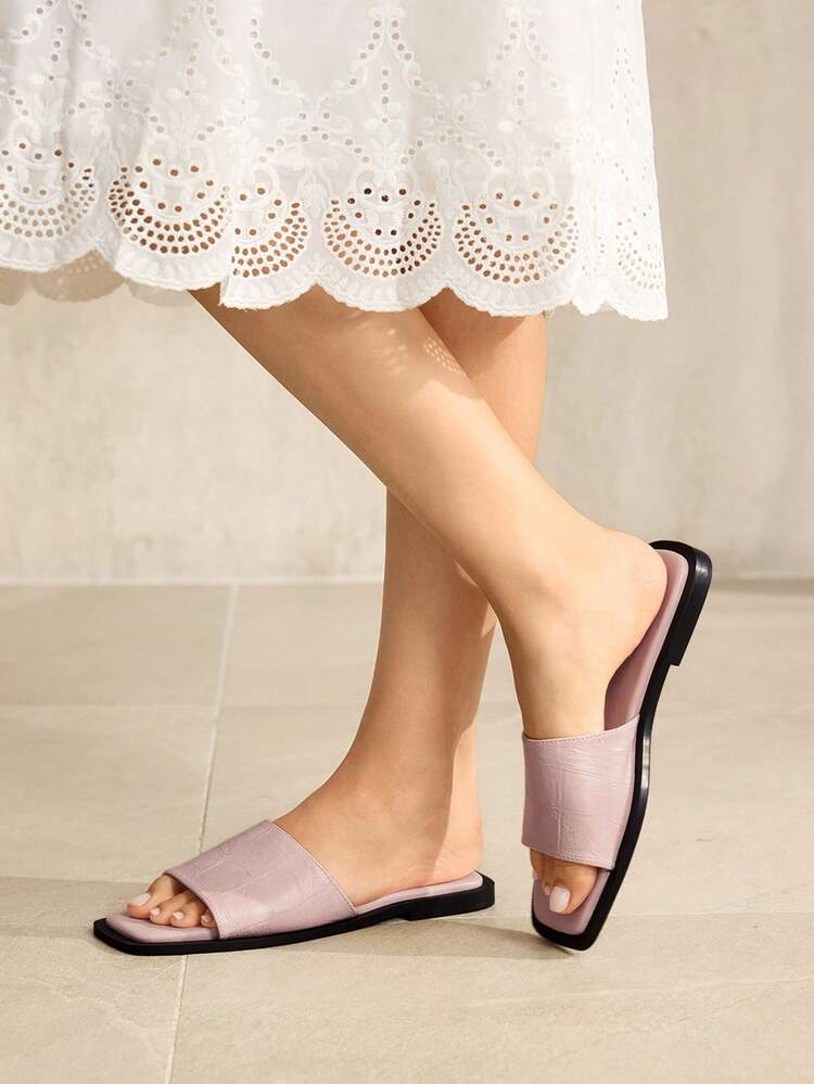 WOMEN SHOES SUMMER EXPLOSION RETRO FASHION LIGHT PINK PU LEATHER STONE PATTERN SEXY SQUARE TOE OPEN TOE FLAT BOTTOM SLIPPERS SIMPLE ATMOSPHERE VERSATILE CASUAL COMFORTABLE LIGHTWEIGHT HIGH SENSE BEACH SANDALS SPRING SHOES