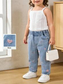 SHEIN Vintaside Kids 女嬰心形刺繡牛仔錐形長褲 秋季 - 藍色 - 查看 7