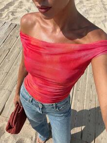 Firerie 女士不对称褶皱渐变肩部连体衣，花卉不对称肩部连体衣，斜肩上衣，春夏服装，适合海滩、通勤、优雅、性感、度假、波西米亚风、夏威夷风、音乐节、浪漫、约会、节日装扮 - 彩色 - 查看 3