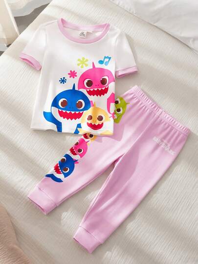 BABY SHARK X SHEIN Baby Girl Comfortable Cute Shark Print Short Sleeve T-Shirt And Pants Pajama Set, Summer