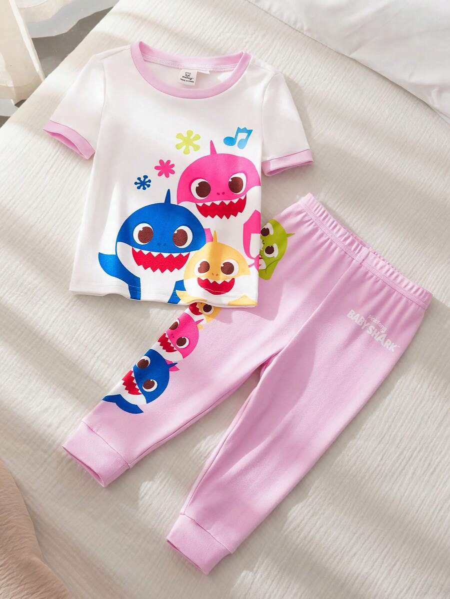 BABY SHARK X SHEIN Baby Girl Comfortable Cute Shark Print Short Sleeve T-Shirt And Pants Pajama Set, Summer - White - View 1