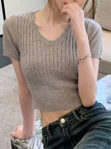 INAWLY Áo thun nữ cổ chữ V tay ngắn, dáng ôm, chất liệu gân nổi, kiểu dáng thường ngày, thích hợp cho mùa xuân/hè. - Xám - Xem 4