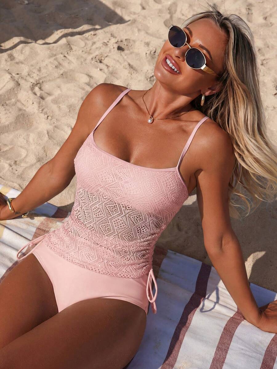 Swim Lushoire Women's Two Pieces Hollow Textured Fabric Casual Bikini Set - Pink - View 1