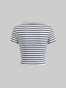 SHEIN EZwear 女士休闲条纹短袖修身T恤，94%棉，适合女士夏季日常穿着 - 彩色 - 查看 3