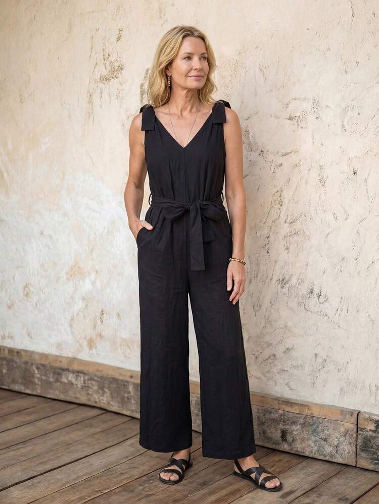 Women's Solid Color Knotted Shoulder Sleeveless Jumpsuit Summer Outfits For Women Vacation Outfits Women Holiday Outfits For Women Summer Holiday Outfits Women's Jumpsuit Women's Elegant Jumpsuit Jumpsuits For Women Summer Rompers For Women Vacation Black Jumpsuit For Women Going Out Outfit