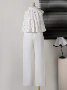 Tween Girls' Solid Color Frill Trim Halter Top And Pants Casual Vacation Outfit - Yellow - View 3