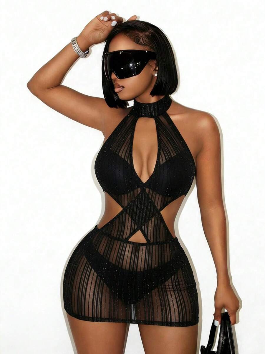 BamGleam 夏季新款音乐节性感V领露背镂空透视金属丝修身迷你连衣裙，适合音乐节穿着 - 黑色 - 查看 1