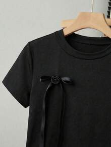 Franclia Áo thun nữ thời trang, thanh lịch, gợi cảm, ôm sát, cổ tròn, tay ngắn, thắt nơ. - màu đen - Xem 7