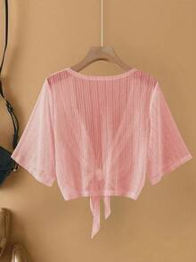 Linhara Plus Size Women Elegant Lace Mesh Sheer Sleeve Beach Cover Up Jacket - Pink - View 2
