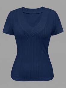 INAWLY Women's V-Neck Asymmetrical Ribbed Casual Short Sleeve T-Shirt - Navy Blue - View 5