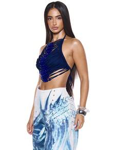 MUSERA Beaded Layered String Front Halterneck Strap Top Sexy Summer Spring Rave Festival Holiday Vacation Party Going Out Tripp - Blue - View 4