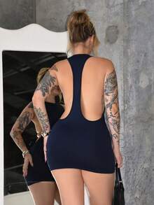 Arliah Solid Color Criss-Cross Backless Sexy Casual Mini Dress,Dresses For Women Party - Navy Blue - View 2