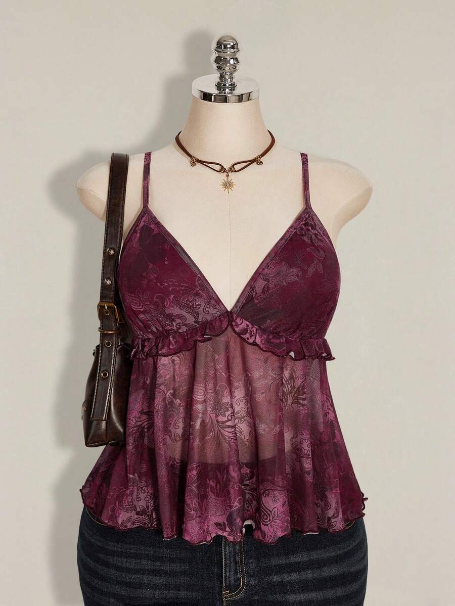 SHEIN ICON Plus Size Women Plant Print Ruffle Hem Camisole Tank Top For Holiday,Rave Top - Purple - View 1