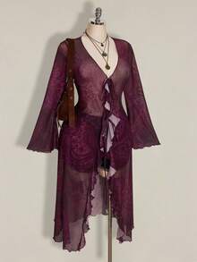 SHEIN ICON 大尺碼女款佩斯利花紋紅色前綁帶上衣 - 紫色 - 查看 4