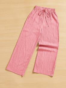 SHEIN PETITE 夏季休闲纹理阔腿七分裤 - 粉色 - 查看 9