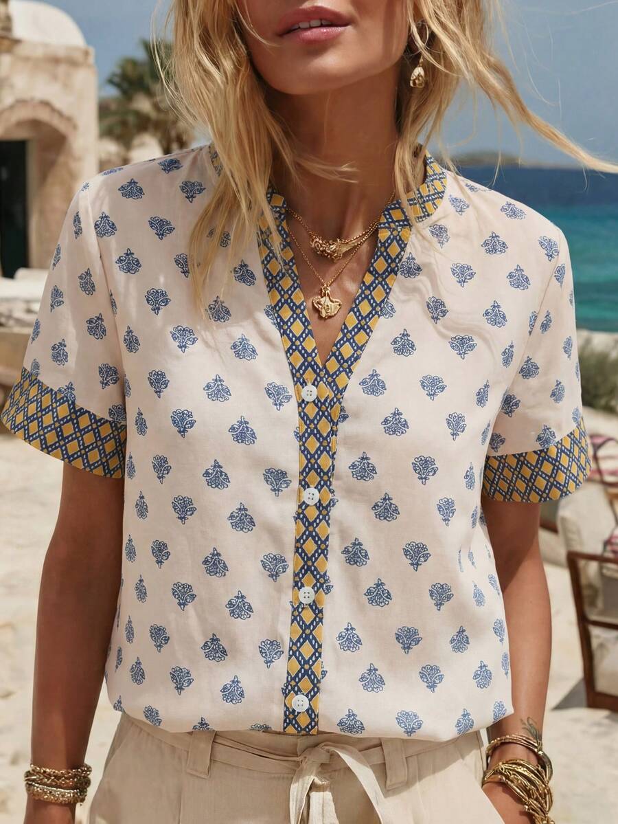 Wandoria 都市时尚优雅度假风新款女士春夏仿亚麻竹编结领蓝杏色印花短袖衬衫，适合日常穿着、婚礼、晚宴、通勤、毕业派对、节日、度假、约会、派对、万圣节、圣诞节、新年、感恩节等场合。 - 藍色 - 查看 1