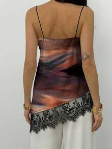 Aloruh Casual Minimalist Style Deep Brown Abstract Tie Dye Print Pattern Women Elegant Sexy Contrast Lace Camisole Suitable For Spring/Summer, Vacation, Party - Multicolor - View 2