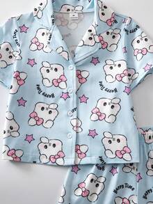 2件套 女童简约舒适独角兽印花开衫短袖上衣和短裤睡衣套装 - 淺藍色 - 查看 5
