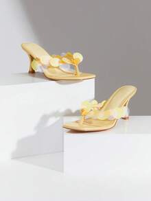 SHUZIA Sandal nữ quai ngang tối giản, trang trí họa tiết đồng xu kim loại, gót trung bình, thanh lịch, thích hợp dự tiệc tối. - Màu vàng - Xem 5