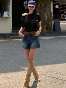 DAZY Solid Color Asymmetrical Shoulder Fitted Short Sleeve White T-Shirt For Women, Summer - Black - View 6
